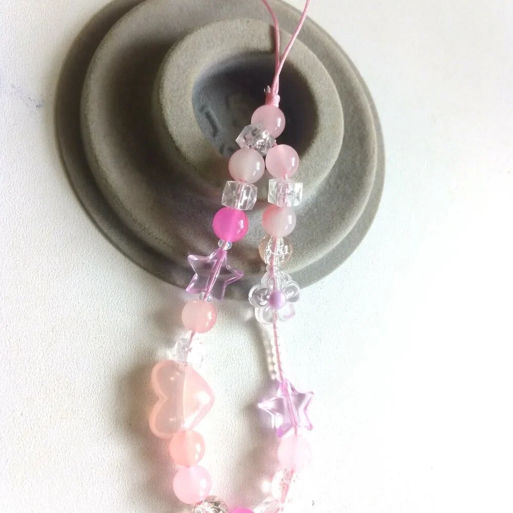 Pink Heart Star Sakura Beads Phone Charm